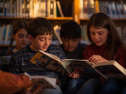 Kinder, die gemeinsam Bücher lesen