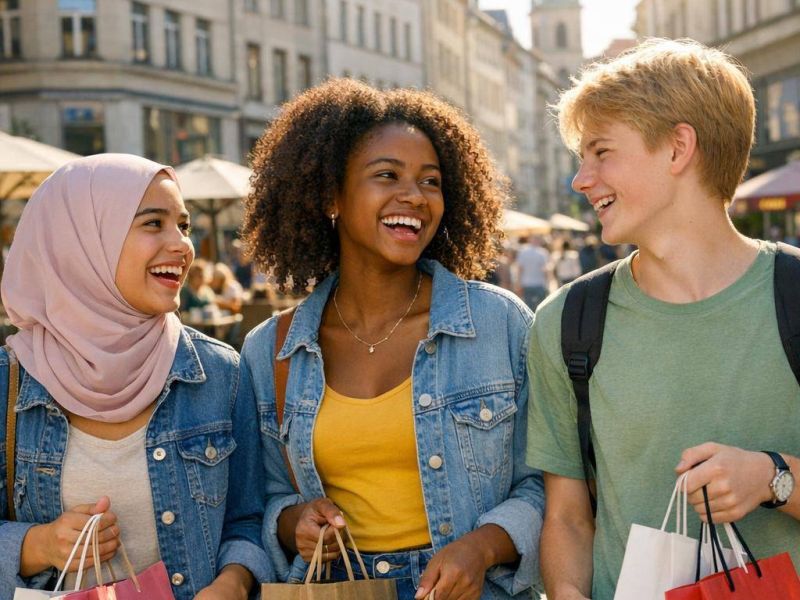 Drei Jugendliche die sich anlachen, alle halten Einkauftüten in den Händen und gehen bei schönem Wetter durch eine Innenstadt.