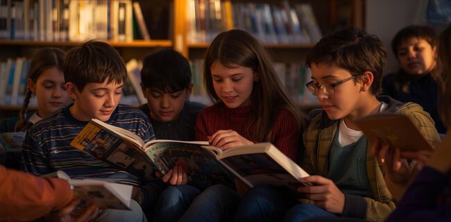 Kinder, die gemeinsam Bücher lesen